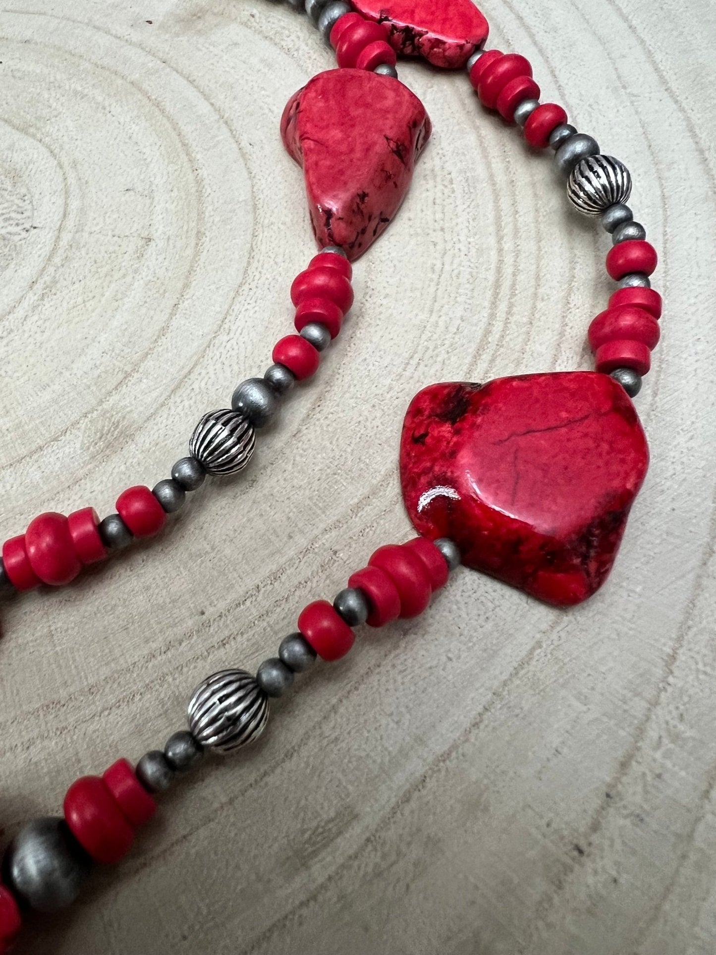 Western Faux Pearl Statement Necklace with Red Stone - 32 inch