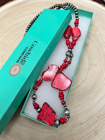 Western Faux Pearl Statement Necklace with Red Stone - 32 inch