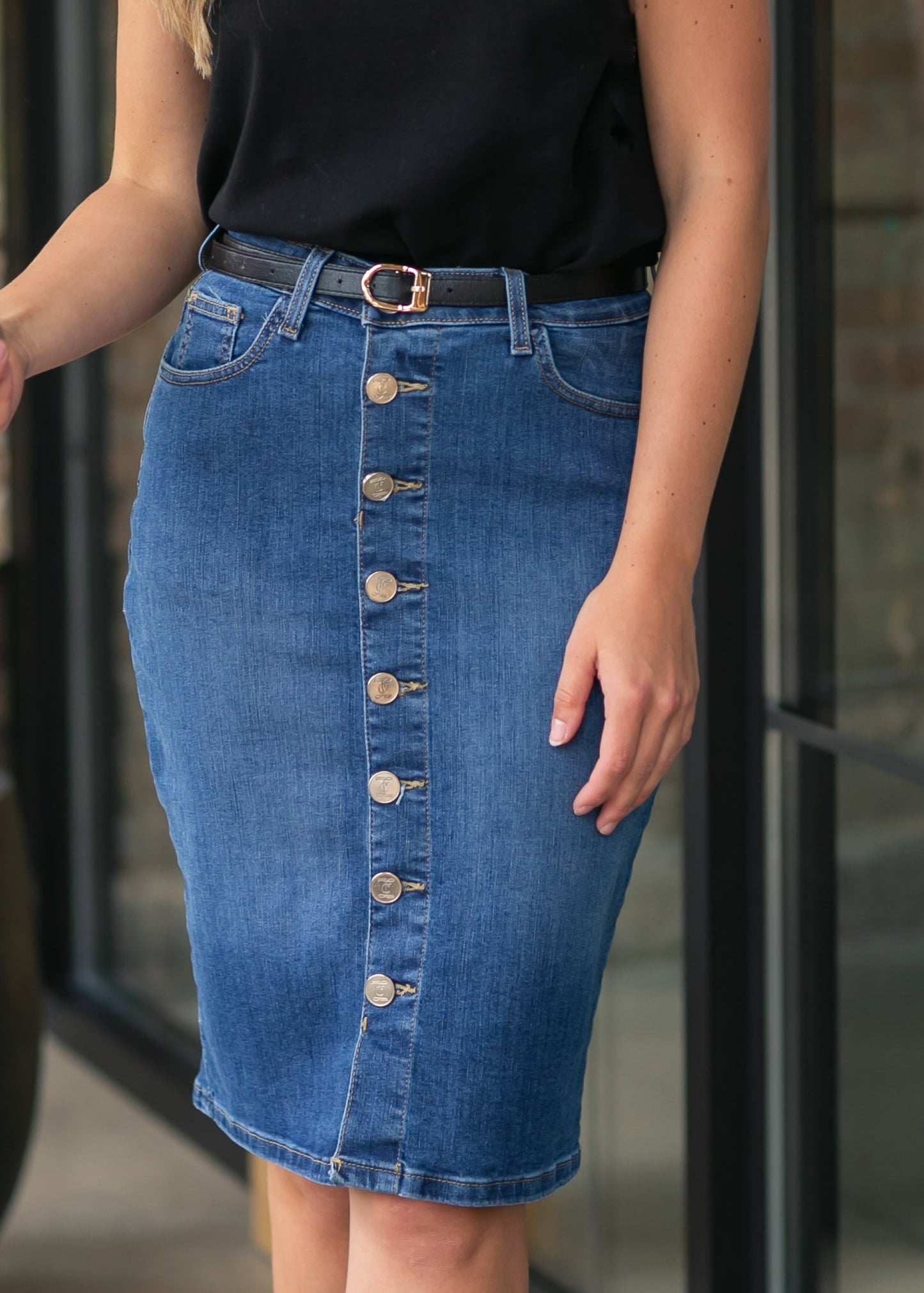 Zana Front Button Denim Midi Skirt